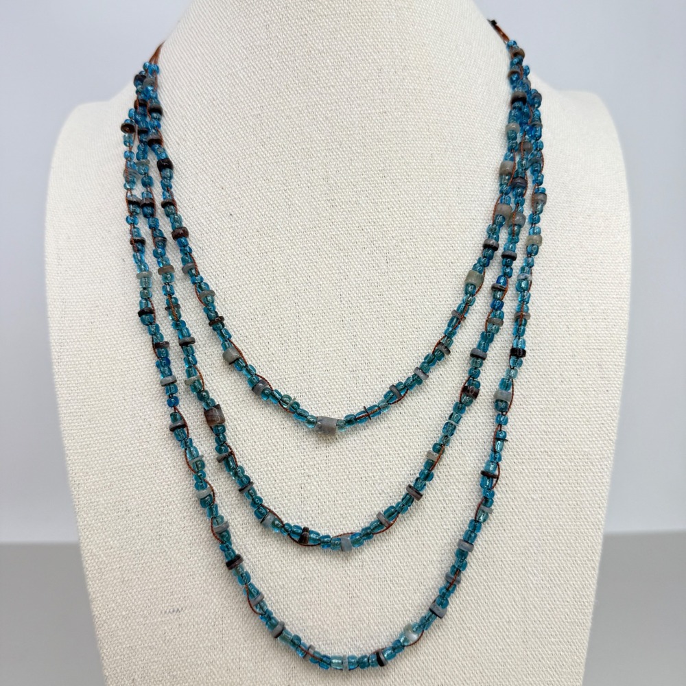 Teal Blue Glass Bead Layered Necklace Button Closure Artisan Boho Multi Strand